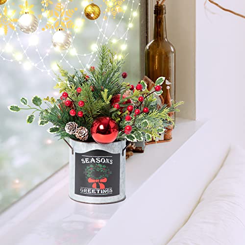 Twincodecor Artificial Christmas Tabletop Decorations - 14.2 Inch Small Christmas Centerpiece Potted Tree Artificial Plants With Sturdy Stand And Pine Cones And Red Berries Decoraction #TOP4