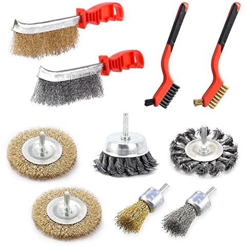 MEGAVOW 10 pcs Metal Wire Brush Set, Handled Brush, Crimped and Knotted Wire Wheel Cup Brush with 1/4” Shank, End Brush, Mini Wire Brush, for Coarse or Fine Finish, Rust Removing, Polishing, Deburring Cover