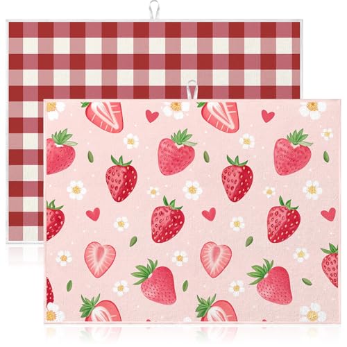 Image of Domensi 2 Pack Strawberry Microfiber Dish Drying Mat Absorbent Reusable Washable Extra Large Kitchen Counter Draining Mat Red Gingham Pad for Coffee Bar Kitchen Decor 18x24 Inch