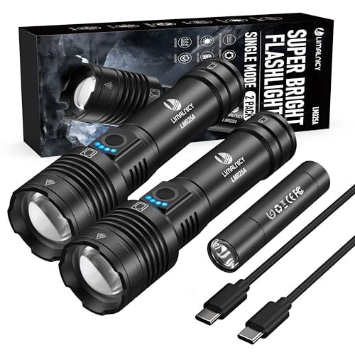 limalnicy Rechargeable Flashlights High Lumens 100,000 Single One Mode - 2 Pack, Super Bright Powerful 30W LED, Long Lasting 12 Hours, USB C Input, Handheld 6.81” Length, for Hiking Home Gift