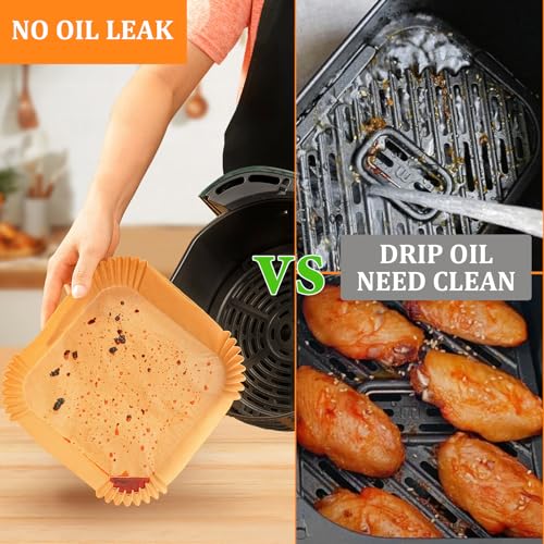 Image of 200PCS Air Fryer Liners Disposable: Square 7.9 Inch Non-Stick Airfryer Paper Liners - Food Grade Parchment Paper for 5 6 7 8 QT Air Fryer Baking and Roasting - Waterproof and OilProof (9 Inch on Top)