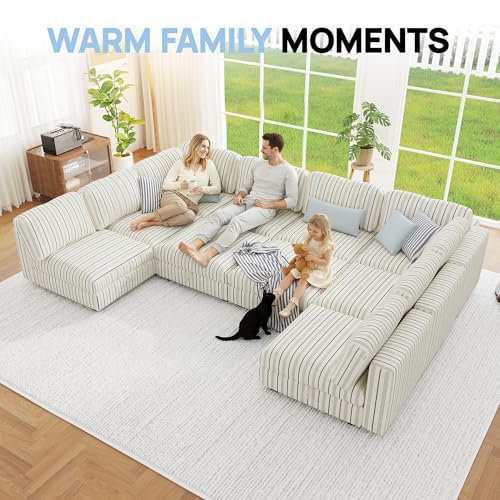 Image of 128 inch Cotton Linen Modular Sectional Sofa Bed with Hidden Storage, 10 Seat Convertible L U Shaped Sleeper Couch with Ottoman Chaise, Farmhouse Modular Sectional Couch with Removable Cover for Apartment