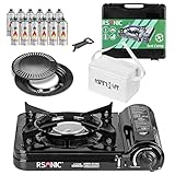 Mianova Gaskocher Campingkocher RS-3500 im Koffer Shisha Kohle Anzünder Gaskartuschen Kohleanzünder Notfallkocher mit 12 Gasflaschen 1 Grillplatte Kühltasche