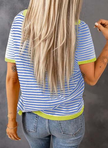 Dokotoo Womens Tops Casual Summer Crewneck Short Sleeve Striped Color Block Knit High Low Trendy Pullover Sweaters - Image 5