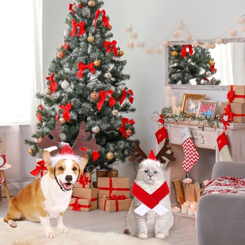 Ajuanbazha Weihnachten Haustier Stirnband Set, Rentier Geweih Haarreif mit Weihnachtsmütze für Hund