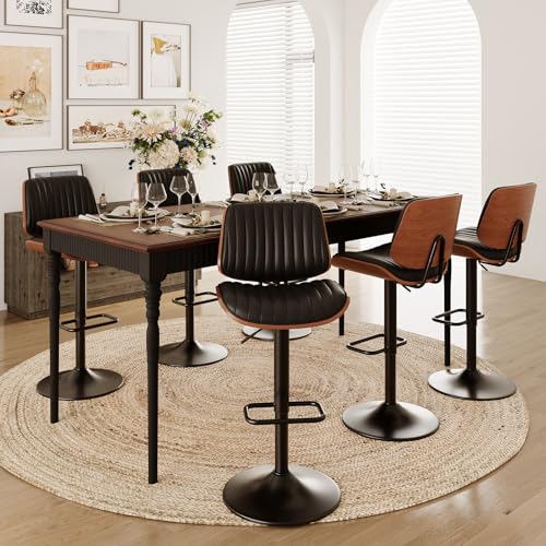 Image of MALOL Bar Stools Set of 6, Adjustable Counter Height Bar Chairs 26 inch-34.5 inch with Swivel & Footrest, Modern Faux Leather Barstools for Kitchen Island, Dining Room,Pub,Black