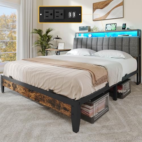 YITAHOME Full Size Bed Frame with Charging Station, 2-Tier Storage Headboard with RGB LED Lights, Linen Upholstered Platform Bed Strong Wooden Slats, No Box Spring Needed Noise Free, Rustic