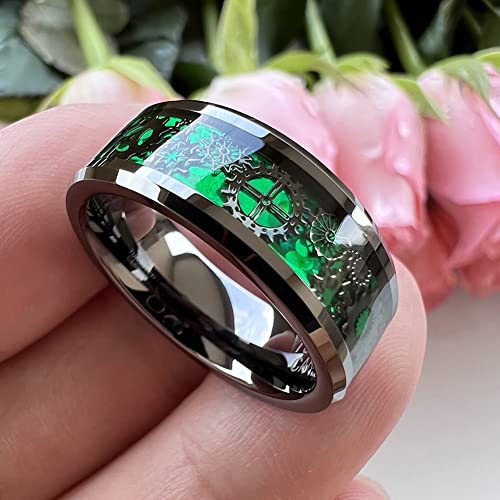 Tutiss 8Mm Green Carbon Fiber Steampunk Gear Inlay Gunmetal Tungsten Rings For Men Women Wedding Bands Beveled Edges Comfort Fit Size 8 #TOP2