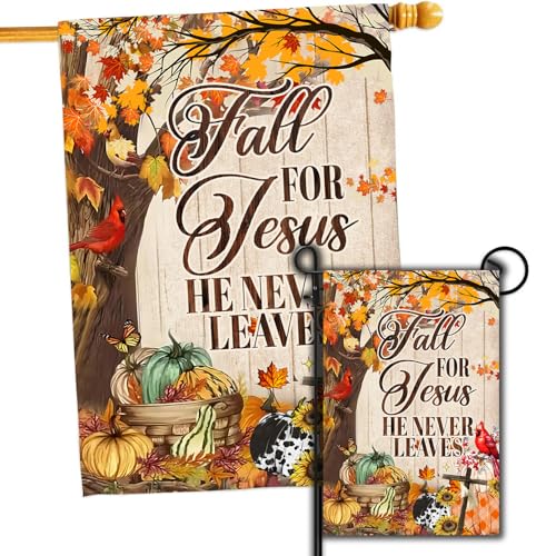 DECORLUXES Bandera de jardín cardenal de árbol de otoño para Jesús que nunca deja bandera vertical de doble cara, calabaza, cosecha de otoño, Acción de Gracias, decoración de vacaciones (casa +