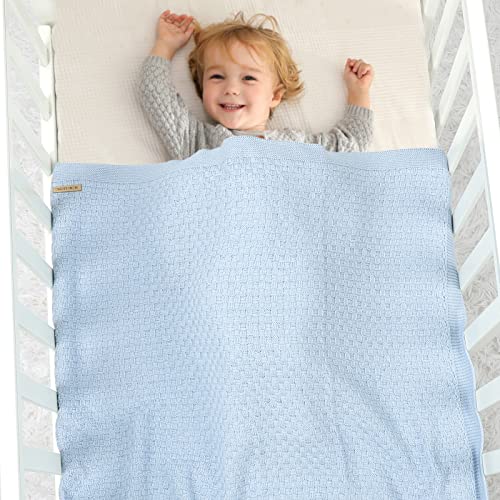 Lawkul Cable Knit Baby Blanket 100% Cotton Blue Receiving Infant Swaddle Nursery Blankets Crochet Neutral Newborn Boy Girls #TOP1