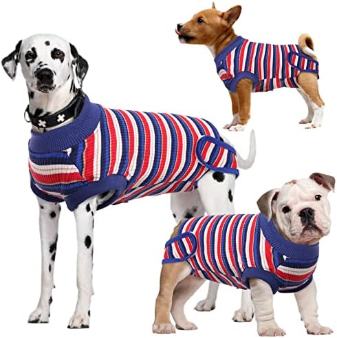 Kuoser Dog Surgery Recovery Suit for Male/Female, Striped Pet Surgical Shirt Dogs Cats Protective Vest for Abdominal Wound/Skin Disease, Substitute E-Collar & Cone, Puppy Prevent Licking Onesie