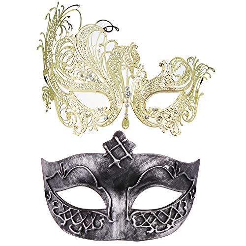 Thmyo Conjunto de 2 Mascarada Máscara para Parejas, Venetian Mardi Gras Costume Ball Mask (Plata y Oro Antiguos)