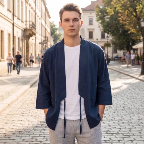 Image of Haseil Men's Kimono Cardigan Japanese Jackets Casual Cotton 3 /4 Sleeve Shirt Open Front Coat Lightweight Linen Outwear