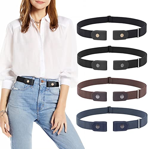 Image of 4 Pieces No Buckle Elastic Stretch Belts for Men Women, Comfortable Buckle Free Invisible Belts for Jeans Pants