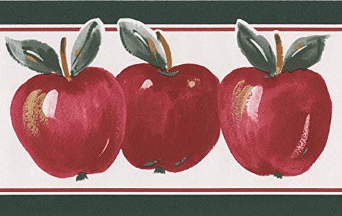 Red Apples Pine Green Trim White Wallpaper Border Retro Design, Roll 15' X 5" #TOP6