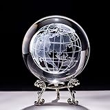 RIMEI Heilsteine 6cm Lasergravierte Earth Miniatur Kristall 3D Kugelglaskugel Kugel Glas Papiergewicht Handwerk Ornament Dekoration Figur Decorine Figur (Color : with Silver Base, Size : 60mm)