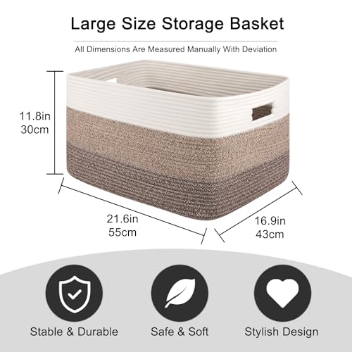 Image of OIAHOMY Large Blanket Basket For Living Room, Rectangle Woven Baskets for Storage, Nursery Toy Storage With Handle-22 inchx17 inchx12 inch-Gradient Dark Brown