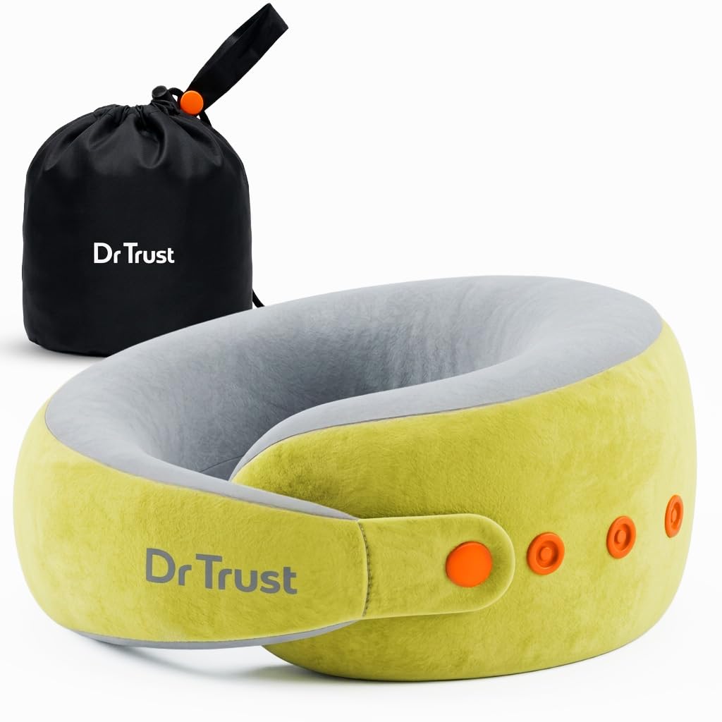 Dr Trust USA Cocoon 3219 Travel Neck Pillow 360° Ergonomic Support for Car, Flight & Train Comfortable Memory Foam Pillow with 4 Adjustable Buttons – Green