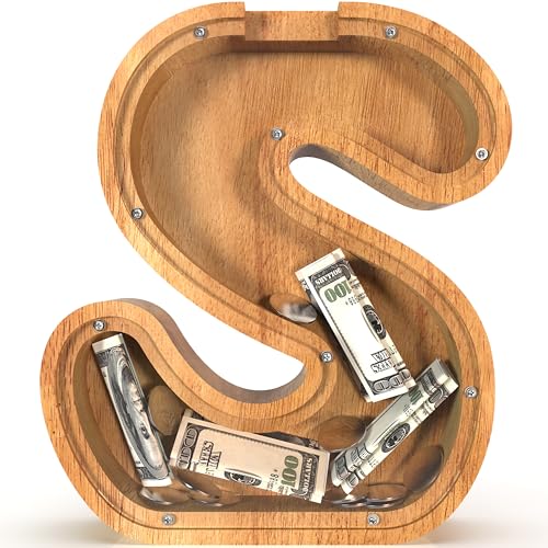 Image of Piggy Bank for Kids Boys Girls, Large Personalized Wooden Letter Piggy Bank with Cut-Out Design, Alphabet Letter Coin Banks, Money Savings Box, Wooden Bank for Kids Creative Gift for Real-Money(S)