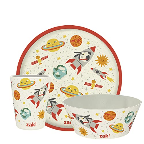 Image of Zak Designs Kids Dinnerware Set 3 Pieces, Durable and Sustainable Melamine Bamboo Plate, Bowl, and Tumbler are Perfect For Dinner Time With Family (Spaceships)