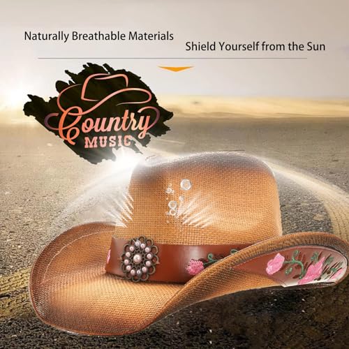 Image of Cowboy Hats for Women, Brown Cowgirl Hats Classic Straw Western Hats for Women Music Festival Party Beach.