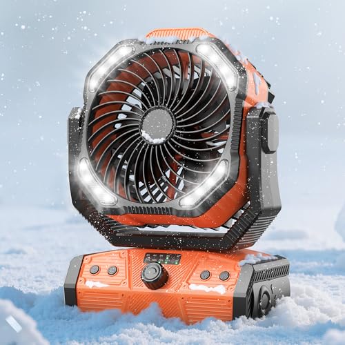 Image of 8 inch Portable Rechargeable Fan, Battery Operated Camping Fan with 27H Work Hours, Remote, Auto Oscillation, Timer, Hook for RV Tent Hurricane Emergency Orange