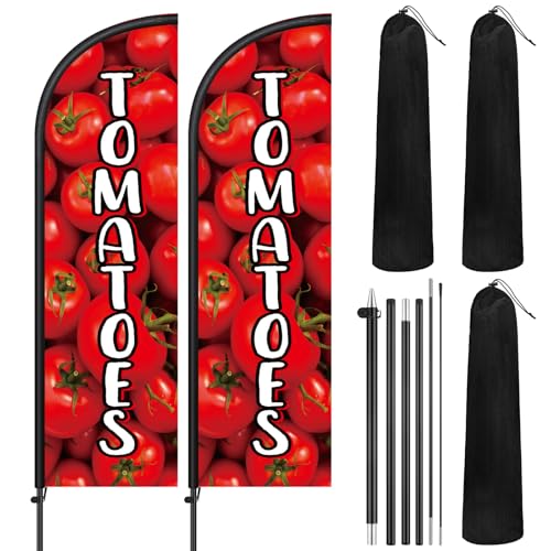 Image of Remagr 2 Pack Tomatoes Feather Flag 7 ft Advertising Swooper Flag Sign Windless Tomatoes Banner with Pole Kit and Ground Stake for Businesses Restaurants Outside Ground