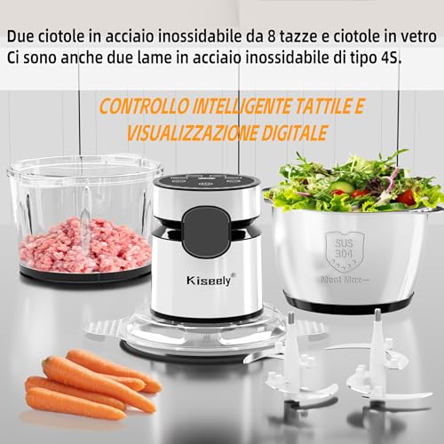 Tritatutto elettrico 2 litri con display LED, Robot da cucina da a 3 velocità con 2 ciotole e 2 set di lame a due livelli, tritacarne e verdure da 400 W per carne, verdure, frutta e noci (CD1) - immagine 5