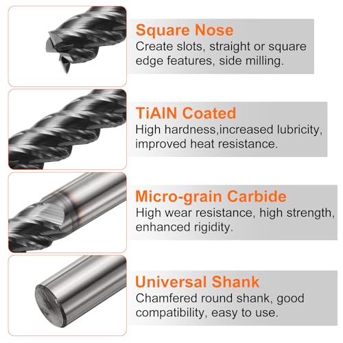 Image of HARFINGTON Carbide Square Nose End Mill Bit 1 /2 inch Cut Dia 4 Flutes TiAlN Coated Milling Cutter for Hardened Steel Metal (1 /2 inch Shank 2 inch Cut Length 4 inch Long 45 Degree HRC49-51)