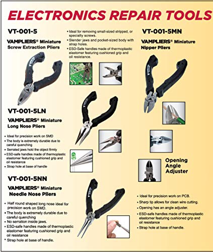 Image of VAMPLIERS 4-PC 5 inch Precision Mini Pliers Set ESD Safe Grip. Made in Japan: Screw Extractor, Long Nose, Needle Nose Pliers & Flush Cutters. For Electronic Repairs /Precision Work /Jewelry /DIY.