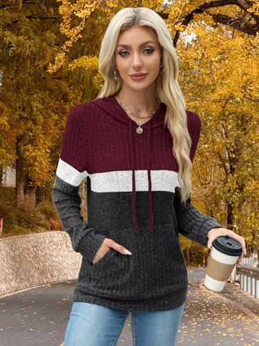 MixShe Women’s Color Block Knit Hoodie – Casual Long Sleeve Pullover Sweater Tops with Pocket