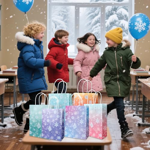 12 Pack Colorful Snowflake Paper Bags