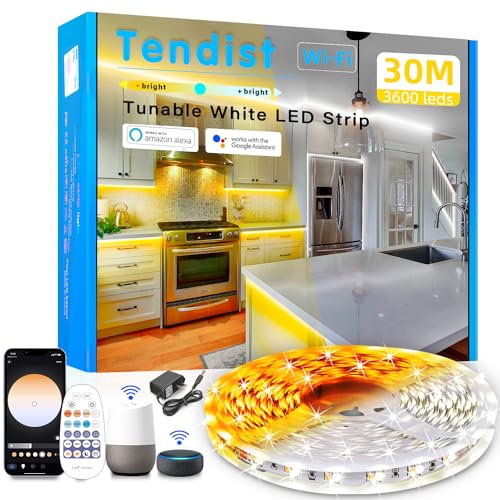 Lista de Tiras LED los más recomendados. 47 Tira luces LED blancas 30M/100ft, 3000 K-6500 K, tira luz blanca fría y cálida compatible con Alexa, iluminación LED smart regulable 24V con control remoto, luz debajo del...