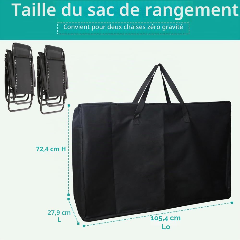 Grand sac de rangement pour chaise de jardin, 105 x 73 x 28 cm, durable, 600D, inclinable, pliable, pour plage, salon, camping, patio, chaise longue, sac de voyage extra large, noir