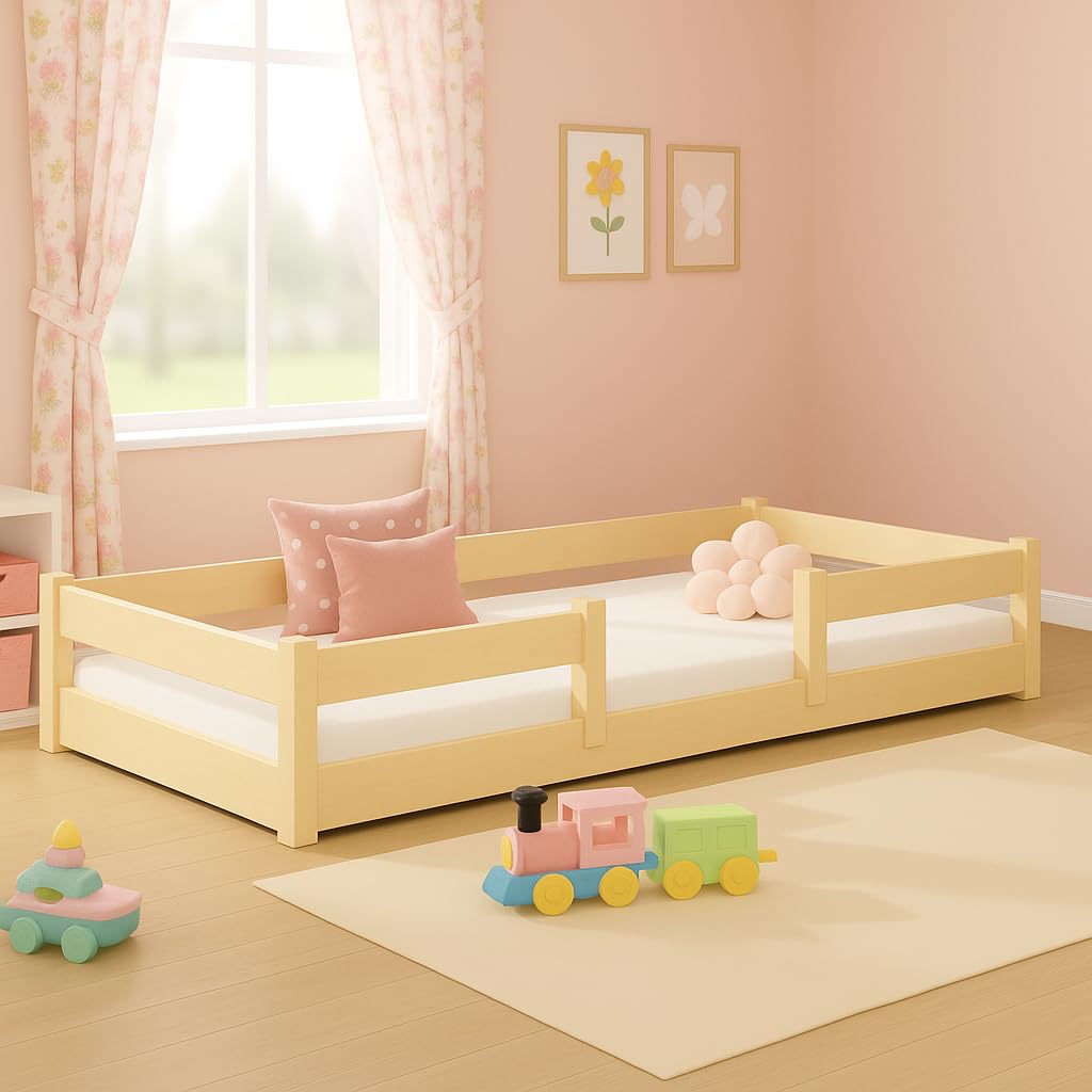 KOBI Lit d'enfant 120x60 cm, avec Balustrade - Lila lit de Sol en Bois de pin Naturel
