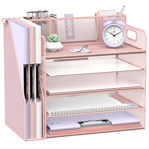 SUPEASY Desk Organizer with File Holder, 5 Tier Desktop File Organizer with 3 Pen Holders, Paper Letter Tray for Office Home Organization & Storage, Mesh Desk Accessories & Supplies, Pink