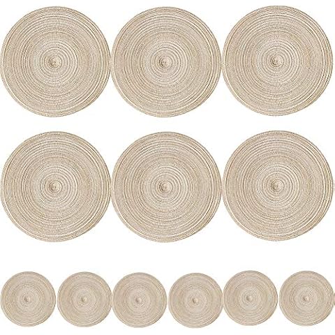 TEERFU 12PCs Round Woven Placemats,Table Place Mats and Coasters Sets - Non slipHeat Resistant Washable Tableware Round Dining Table Mats Cover