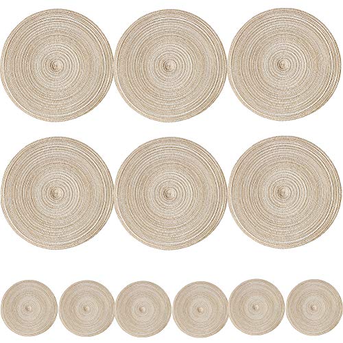 12PCs Round Woven Placemats,Table Place Mats and Coasters Sets - Non slipHeat Resistant Washable Tableware Round Dining Table Mats
