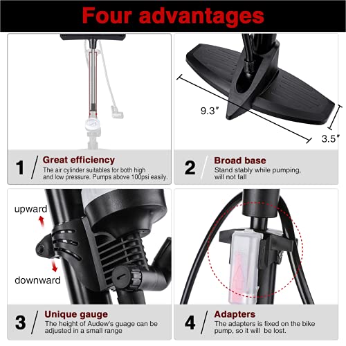 Audewdirect Bike Pump With Pressure Gauge 230Psi Bike Floor Pump Bike Pump Presta And Schrader Valve Bicycle Foot Pump For Road Bike, Mountain Bike, Balls #TOP1