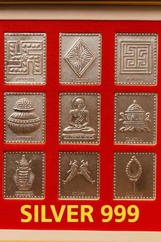 Image of Silver 999 Jain Asht Mangal Darshan Wooden Frame | Jain Ashta Mangal Symbols Wall Art for Puja Room, Gift | Swastik Shrivatsa Nandyavarta Vardhman Kalash Mirror Bhadrasan Pair of Fish-15x12x2 CM
