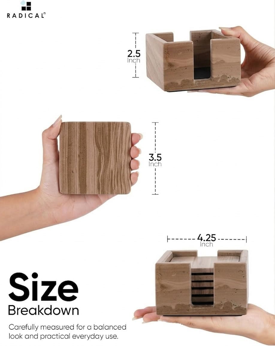 Radicaln Marble Coasters Set of 6 Handmade 3.5" Inches Natural Brown Square Coasters for Drinks, Coaster Set with Holder for Dining Tables