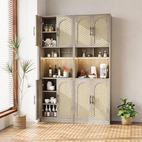 Image of IDEALHOUSE 71 inch Tall Pantry Cabinet with Countertop & LED Light Strip - Kitchen Storage Cabinet with Microwave Shelf & Adjustable Shelves, Farmhouse Kitchen Hutch for Dining Room, Oak