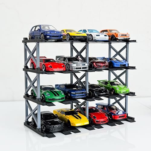 Image of 1:64 Diecast Car Display Enclousure- Multi-Tier Collectible Diecast Cars Storage for Hot Wheels, Mini GT & Matchbox | Matte Black & Silver (4 Tier - 16 Car Capacity)