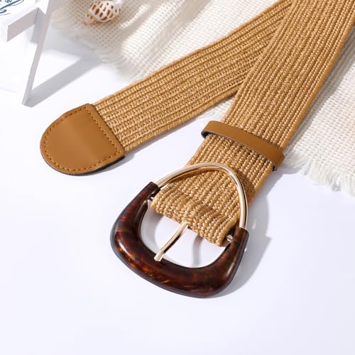 JASGOOD Straw Woven Elastic Waist Belt for Dresses Women Wide Boho Stretch Rattan Belt with Triangle Buckle3