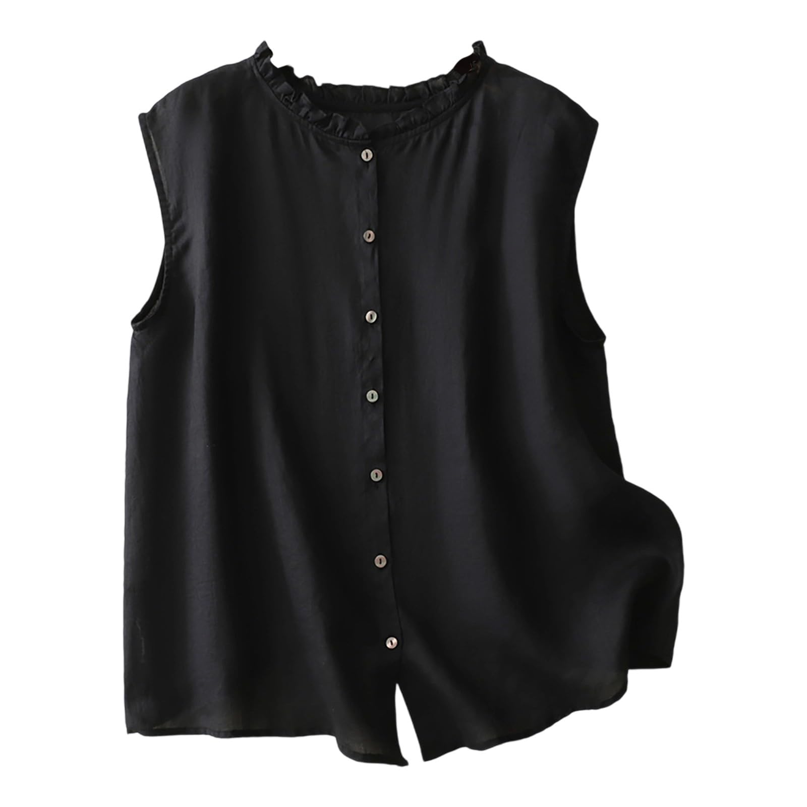 Womens Cotton Linen Waistcoat Button Down Sleeveless Lightweight Vests Casual Solid Color Fashion Ruffled Jackets