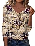 Zeagoo Womens Blouses Dressy Casual Henley V-Neck Tee Shirts Floral Tunic Top Fall Casual Pleated Flowy Tshirt Button Down Loose Fit Basic Tee