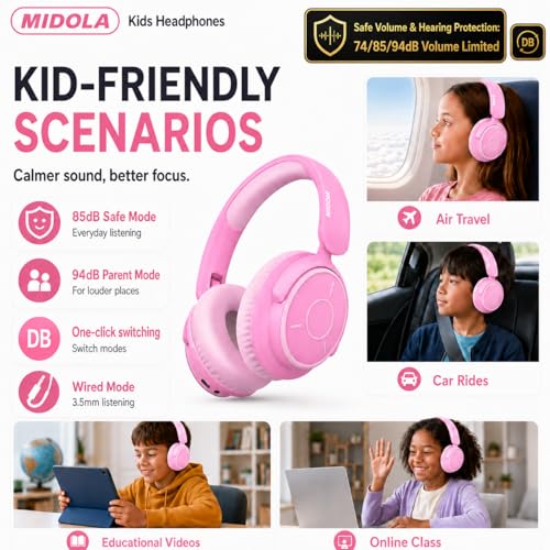 Image of MIDOLA Kids Bluetooth Headphones 68H Play Time,Volume Limit 85 /94dB, Foldable Lightweight Wireless Over-Ear Headphone for Kid Toddler Child Pad Tablet,Headsets with Built-in Mic Pink