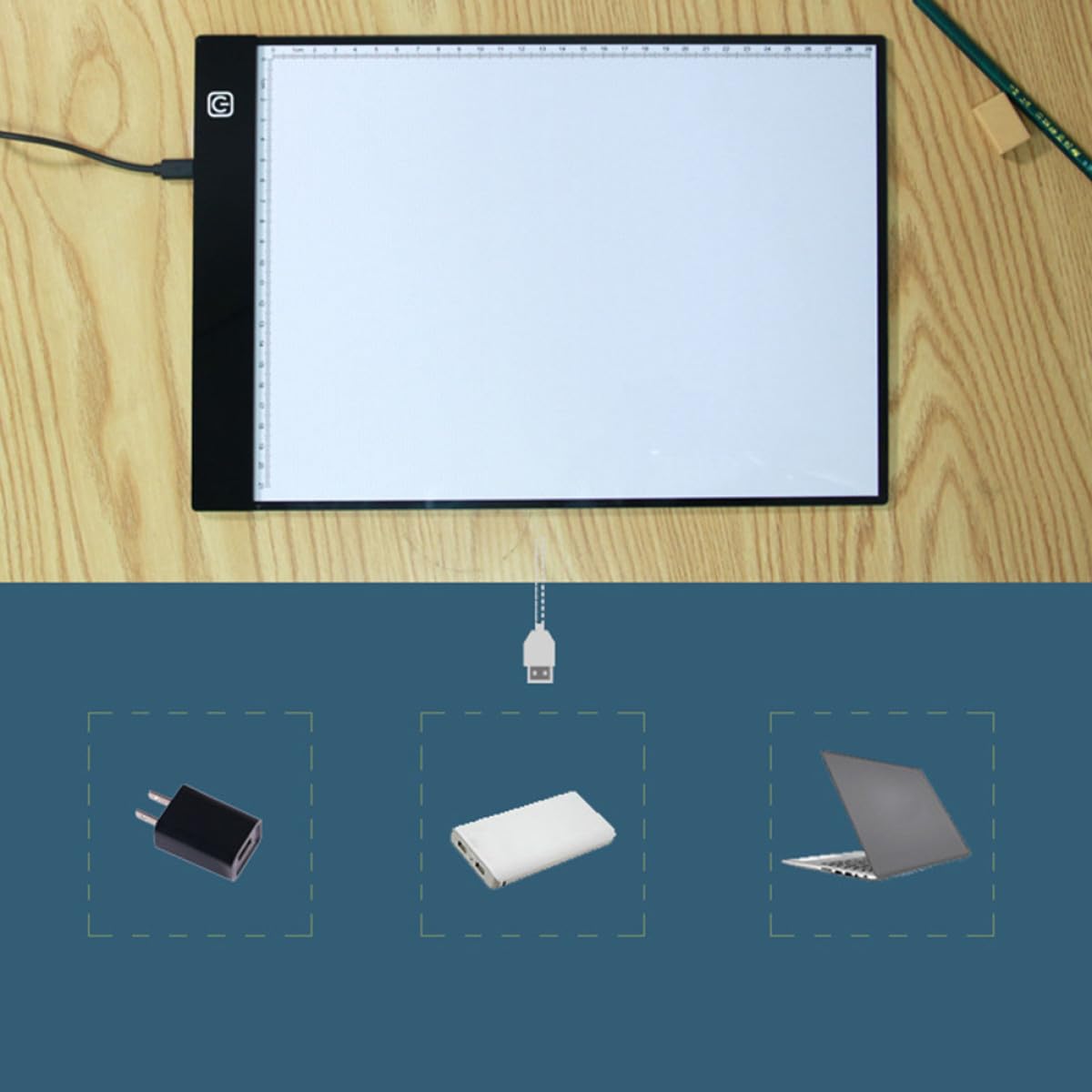 Tavola Luminosa per Disegnare A4, Lavagna LED Nera | Acrilico, Portatile, per Esercizi Pittorici e Uso Professionale, con Sagoma Graduata e Cavo USB