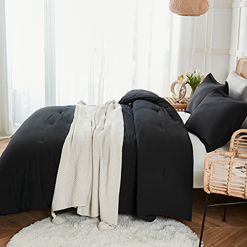 Litanika Black Comforter Full Size, 3 Pieces Boho Lightweight Solid Bedding Set & Collections, All Season Fluffy Bed Set (79X90In Comforter & 2 Pillowcases) #TOP4