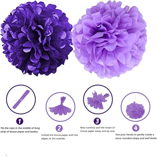 Image of We Moment Purple Paper Pom Poms Decorations for Wedding Girl Party Birthday Purple Party Decoration Ceiling Wall Hanging Tissue Flowers Decorations 12pcs